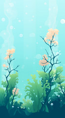 A captivating underwater scene featuring coral plants swaying gently in the ocean currents against a backdrop of floating water bubbles, creating a mesmerizing and serene aquatic environment.