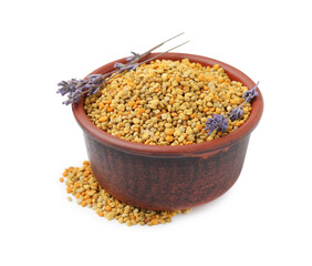 Fresh bee pollen granules in bowl and lavender isolated on white