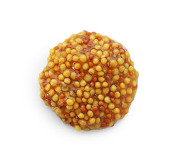 Fresh whole grain mustard isolated on white, top view