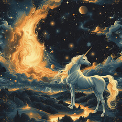 Obraz premium Unicorn in the universe, white black gold, seamless tile, ai generated
