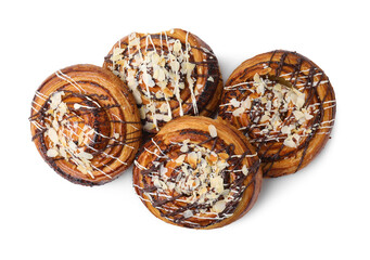 Delicious rolls with almond and toppings isolated on white, top view. Sweet buns