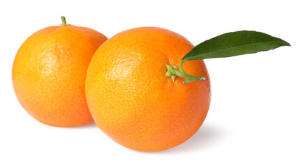 Fresh ripe juicy tangerines with green leaf isolated on white