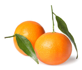 Fresh ripe juicy tangerines with green leaves isolated on white