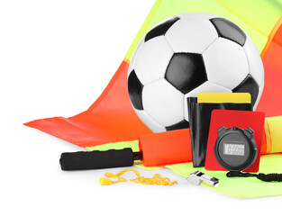 Football referee equipment. Soccer ball, flags, stopwatch, cards and whistle isolated on white