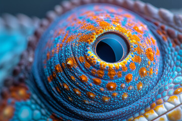 Macro shot of a chameleon's eye, showcasing the vibrant colors and intricate patterns that make up its unique iris. Concept of detailed reptilian beauty. Generative Ai.