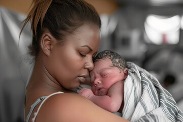 A loving mother tenderly embraces her newborn, their skin touching as she plants a gentle kiss on their forehead, surrounded by the cozy comfort of their indoor haven