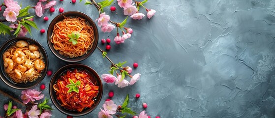 Obraz na płótnie Canvas Spring Cherry Blossom Korean Feast Flat Lay