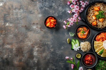 Obraz na płótnie Canvas Spring Cherry Blossom Korean Feast Flat Lay