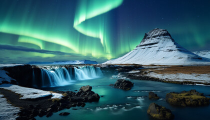 Naklejka premium Majestic mountain peak illuminated by the Milky Way at night generated by AI