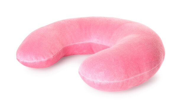 One pink travel pillow isolated on white