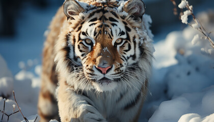 Obraz premium Majestic Bengal tiger staring, close up, in the snowy forest generated by AI