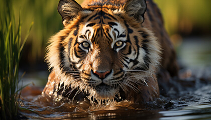 Bengal tiger staring, majestic beauty in nature reflection generated by AI