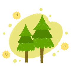 手描きの杉の木と飛び交う花粉