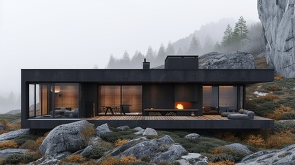Modern Black Wooden Cabin on Mountain Top

