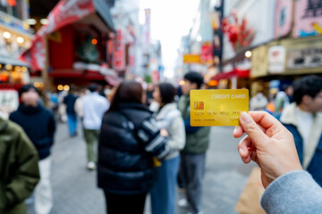 Travel card, Tourist woman showing credit card or travel card for convenient travel Make shopping...