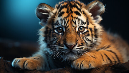 Majestic tiger staring, cute cub, beauty in nature generated by AI