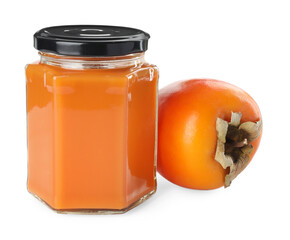 Delicious persimmon jam and fresh fruit isolated on white