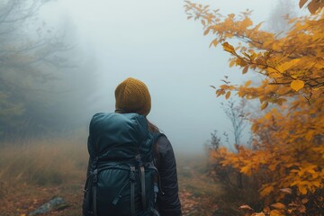 A lone hiker braves the misty autumn forest, their backpack and jacket shielding them from the damp chill as they wander among the tall, bare trees