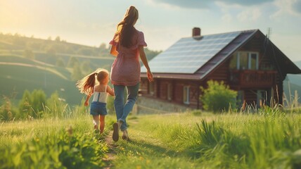 Joyful Family Moment by Solar-Powered Home