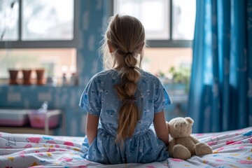 A young girl with messy hair sits on her bed, clutching a beloved teddy bear, her eyes gazing wistfully out the window as the soft fabric of her bedclothes surrounds her in the comfort of her own ind - obrazy, fototapety, plakaty