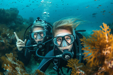 Exploring the vibrant marine life, a couple of scuba divers gracefully glide through crystal clear waters surrounded by colorful coral reefs and mesmerizing seaweed, equipped with their diving gear a