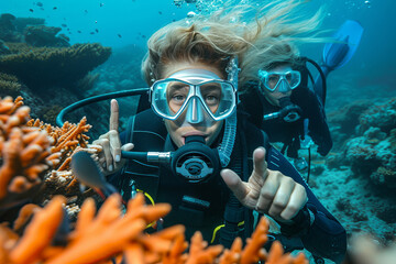 A team of adventurous divers explore the breathtaking underwater world, equipped with oxygen masks and fins, led by a knowledgeable divemaster, discovering the colorful marine life and vibrant coral 