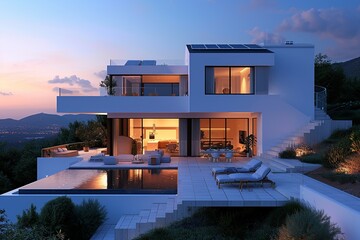 Modern House with Solar Panels at Night

