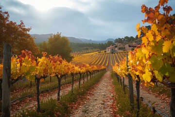 Naklejka premium A golden vineyard stands against the autumn sky, its yellow leaves and grape-filled branches painting a picture of harvest and transformation in the outdoor winery