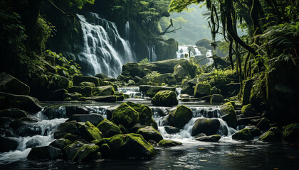 Majestic tropical rainforest, flowing water, tranquil cliff, blurred motion generated by AI