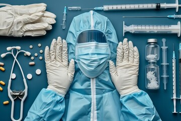 A cautious individual protects themselves with necessary medical equipment such as a face mask and gloves, symbolizing the importance of healthcare and safety in the midst of a pandemic