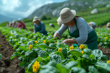 A group of women farmers working together in a vibrant field, highlighting their pivotal role in agriculture and food production.  Generative Ai.