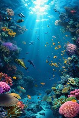 Fototapeta na wymiar A vibrant underwater world of diverse marine life thrives within the colorful stony corals of a bustling reef, providing a stunning glimpse into the delicate balance of nature and the endless wonder 
