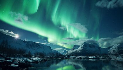 Naklejka premium Majestic mountain range illuminated by starry night, tranquil scene generated by AI