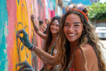 A group of women artists collaborating on a community mural, celebrating diversity and cultural richness through artistic expression. Concept of women in collaborative public art. Generative Ai.