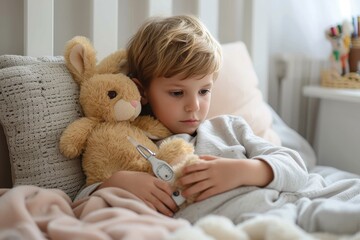 A young child finds comfort and solace in their indoor haven, surrounded by plush toys, cozy blankets, and a beloved teddy bear