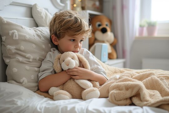 A peaceful toddler finds comfort in his stuffed teddy bear as he takes a nap on his bed, surrounded by blankets and pillows