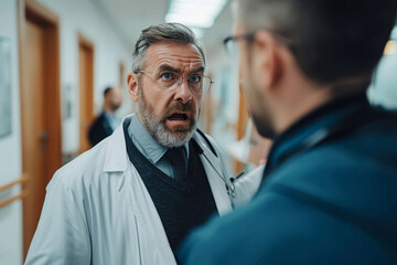Obraz premium Two men in a white coat discuss the complexities of aging and the human condition while standing in front of a worn wall, their distinguished facial hair and glasses reflecting years of wisdom and ex