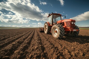 Tractor in the field. Background with selective focus and copy space