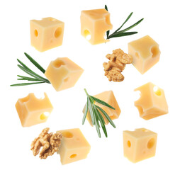 Cheese, walnuts and rosemary flying on white background