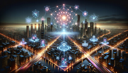 Fototapeta na wymiar Futuristic cityscape with glowing network nodes and flowing data streams.