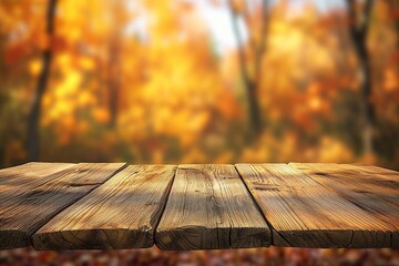 A rustic wooden table stands amidst a sea of fallen autumn leaves, surrounded by the peaceful embrace of a deciduous forest - obrazy, fototapety, plakaty