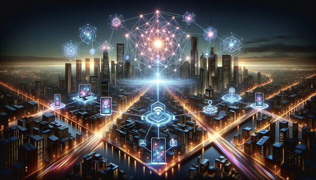 Futuristic cityscape with glowing network nodes and flowing data streams.