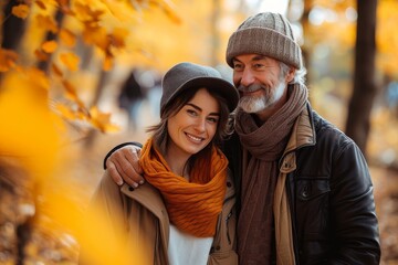 A couple embraces the changing season as they smile for a photo, their faces framed by the vibrant autumn leaves and adorned with cozy jackets, scarves, and beards