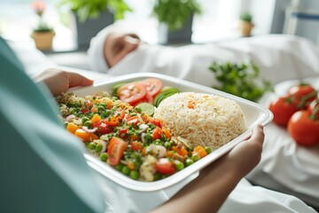 A person delicately balances a colorful vegetarian meal on a plate, filled with fresh ingredients and fragrant rice, showcasing the beauty of cuisine indoors - obrazy, fototapety, plakaty