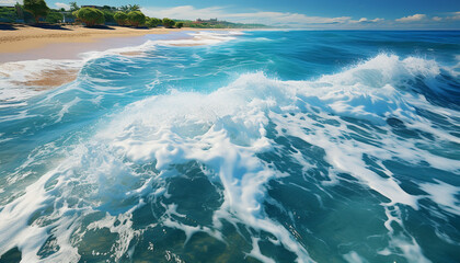 Blue wave splashing on sandy coastline, nature tranquil beauty generated by AI