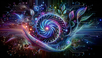 Abstract representation of variational autoencoders merging technology and natural patterns