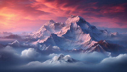 Mountain peak, majestic landscape, sky, sunset, snow, ice generated by AI