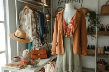 A stylish mannequin stands proudly in a boutique, showcasing a trendy outfit with a jacket, dress, and hat, tempting passersby to step into the fashion world - obrazy, fototapety, plakaty