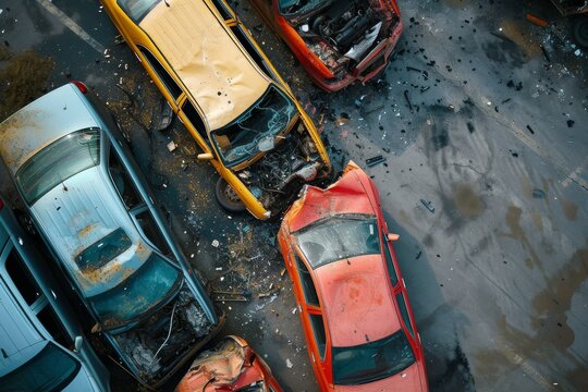 Amidst the wet and dirty streets, a group of wrecked cars sit parked, their red and yellow exteriors mangled and broken, a somber reminder of the dangers of the open road