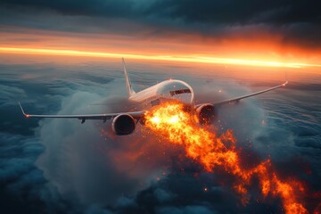 The fiery demise of an airborne aircraft creates a stark contrast against the serene backdrop of the colorful sky, showcasing the complexities and dangers of air travel